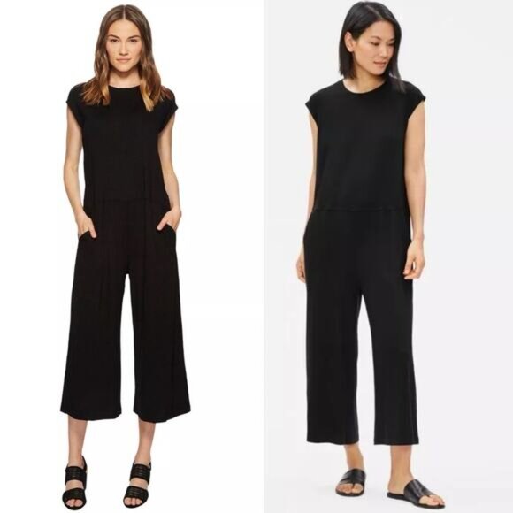 Eileen Fisher Womens Jersey Stretch Knit Wide Leg Crop Jumpsuit in Black Size XL - Picture 2 of 16